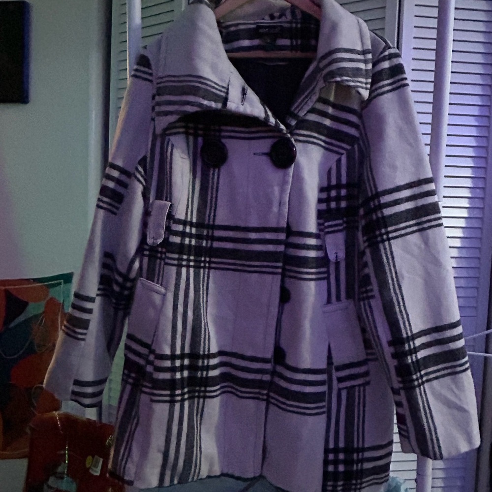 Iz Byer Black and White Peacoat with Plaid Pattern